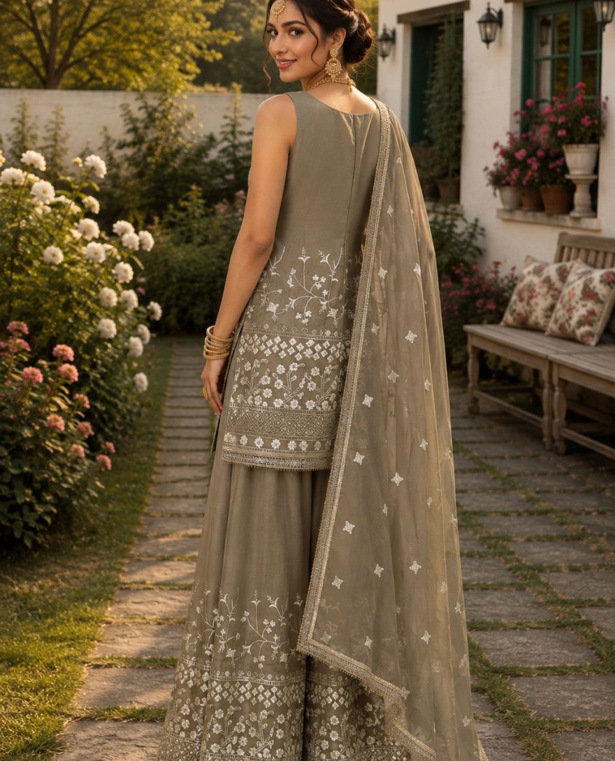 2179 - Beige Georgette Ceremonial Readymade Salwar Suit with Embroidered and Thread Work