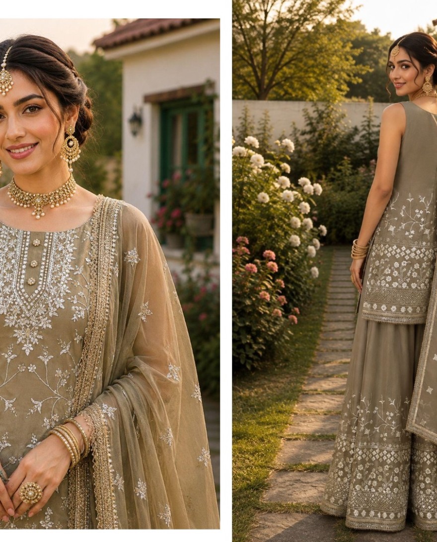 2179 - Beige Georgette Ceremonial Readymade Salwar Suit with Embroidered and Thread Work