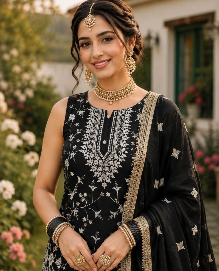 2180 - Embroidered and Thread Work Georgette Palazzo Salwar Suit In Black for Ceremonial