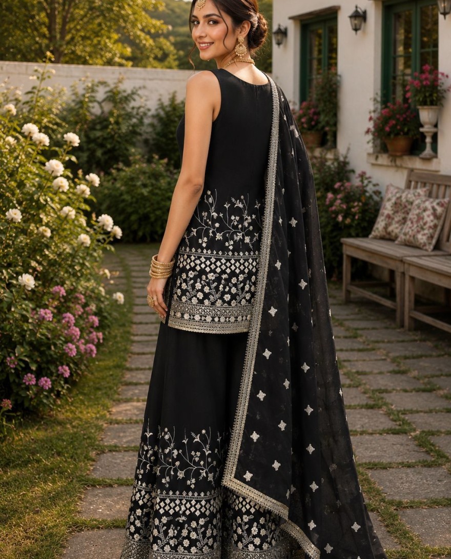 2180 - Embroidered and Thread Work Georgette Palazzo Salwar Suit In Black for Ceremonial