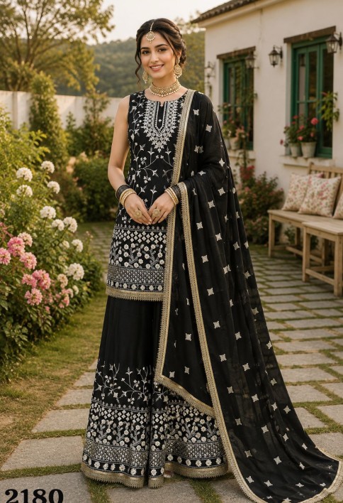 Embroidered and Thread Work Georgette Palazzo Salwar Suit In Black for Ceremonial