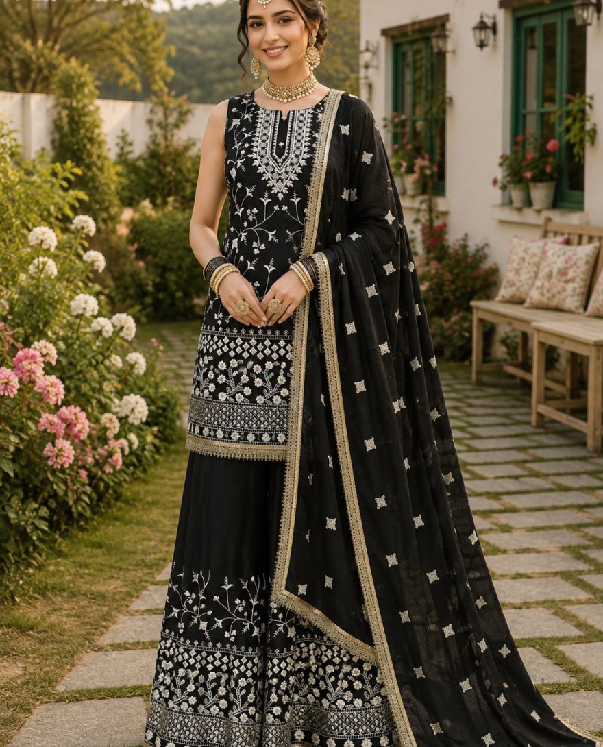 2180 - Embroidered and Thread Work Georgette Palazzo Salwar Suit In Black for Ceremonial