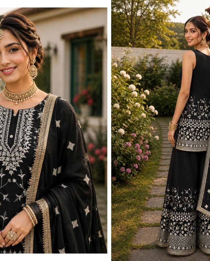 2180 - Embroidered and Thread Work Georgette Palazzo Salwar Suit In Black for Ceremonial