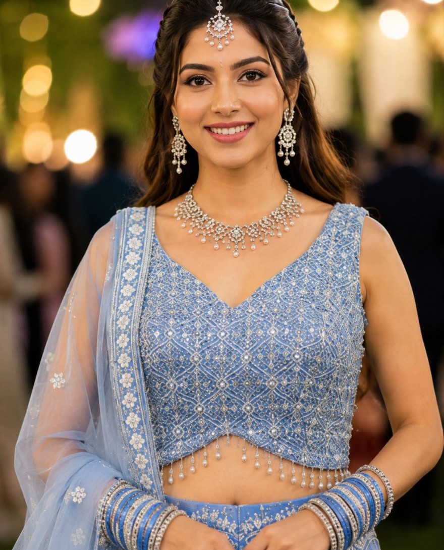 BLUE - Aqua Blue Net Lehenga Choli with Embroidered and Thread Work