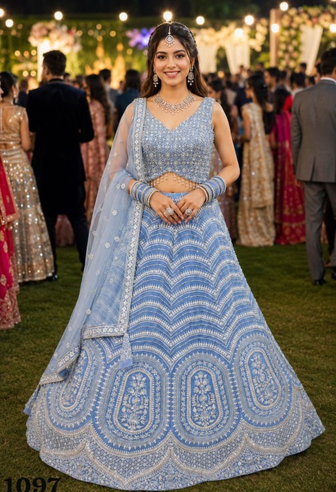 Aqua Blue Net Lehenga Choli with Embroidered and Thread Work