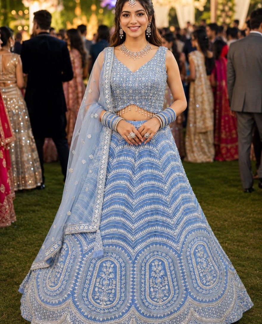 BLUE - Aqua Blue Net Lehenga Choli with Embroidered and Thread Work