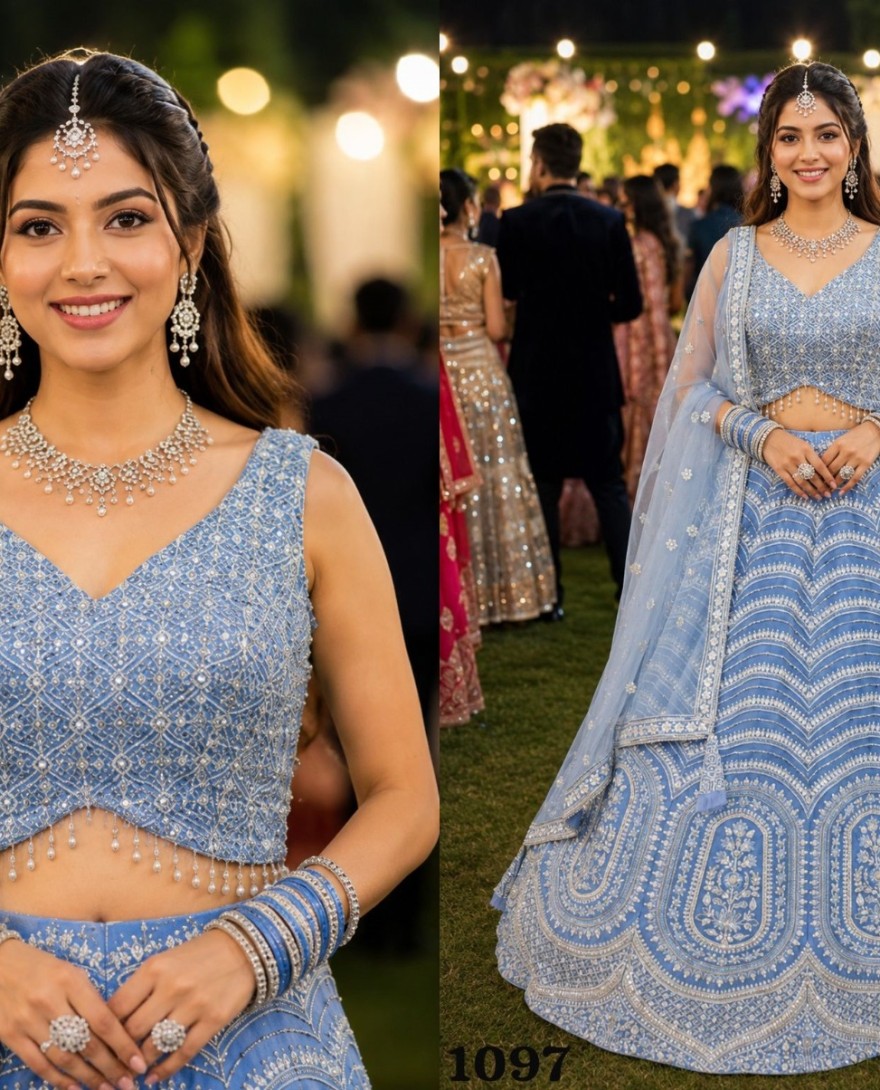 BLUE - Aqua Blue Net Lehenga Choli with Embroidered and Thread Work
