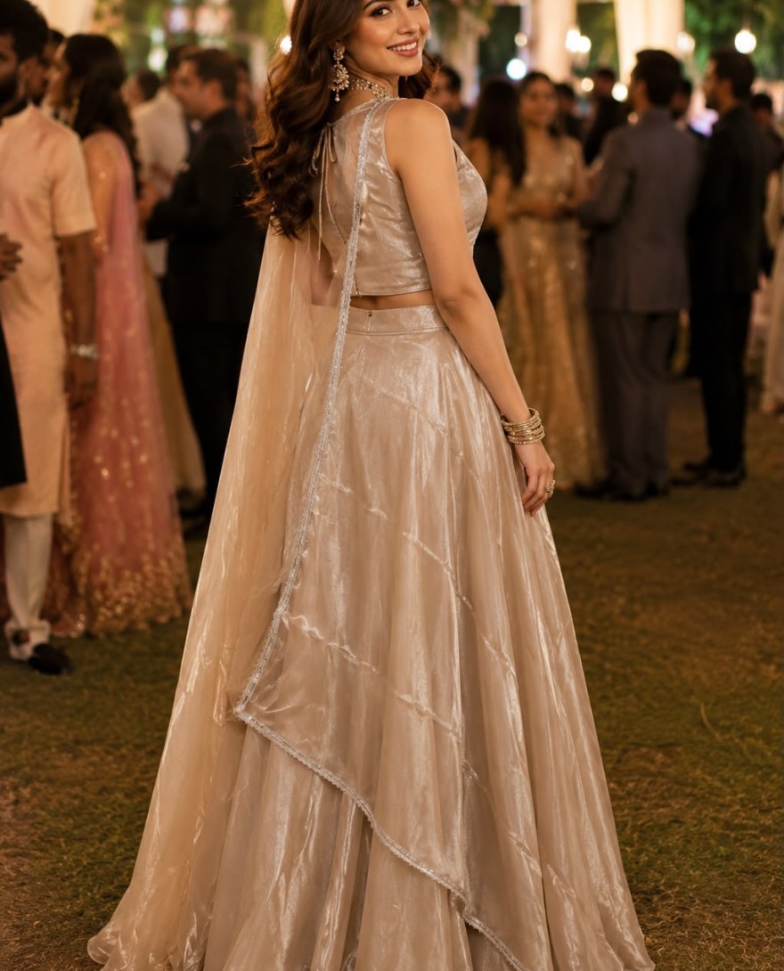 CREAM - Cream Fandy Beads and Embroidered Work Readymade Lehenga Choli