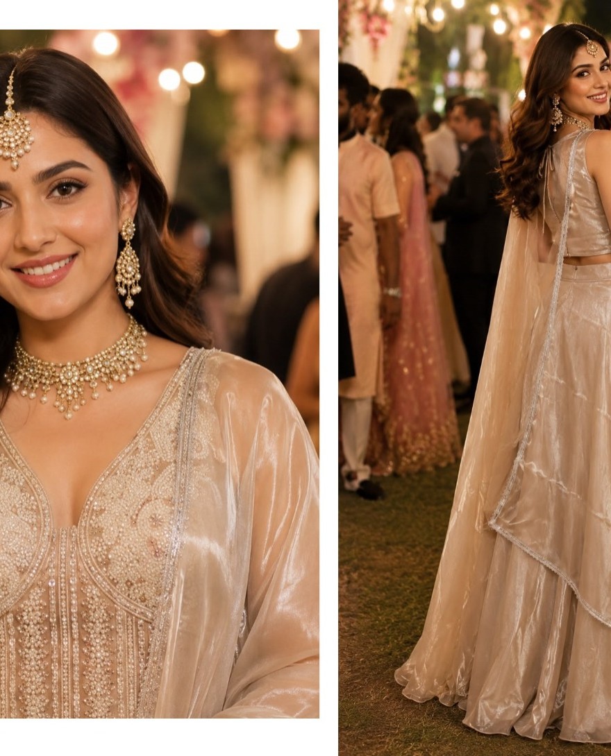 CREAM - Cream Fandy Beads and Embroidered Work Readymade Lehenga Choli