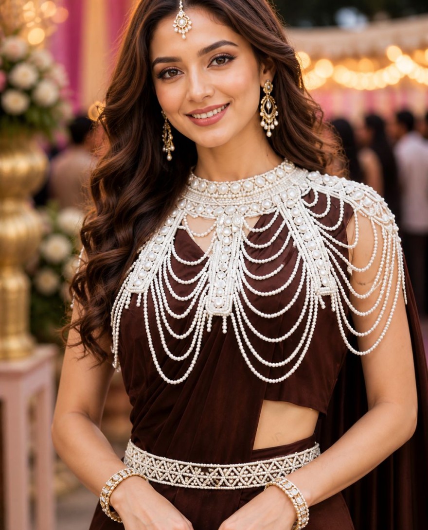 BROWN - Chocolate Brown Designer Ready to Wear Saree Pearl Embellished Cape Blouse