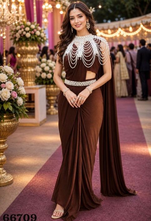 Chocolate Brown Designer Ready to Wear Saree Pearl Embellished Cape Blouse