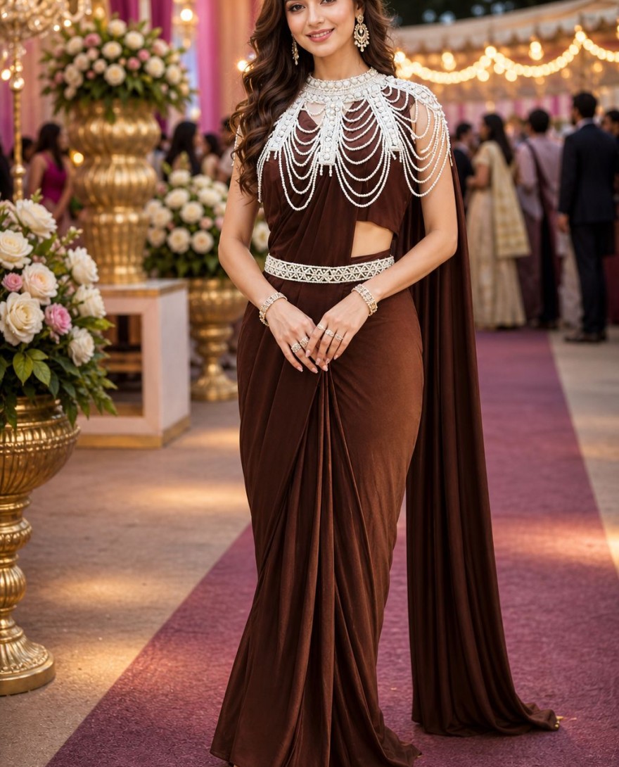 BROWN - Chocolate Brown Designer Ready to Wear Saree Pearl Embellished Cape Blouse