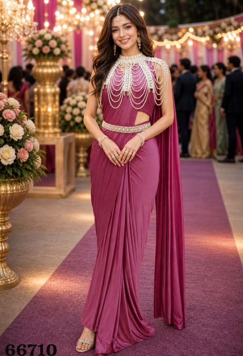 Wine Pink Designer Ready to Wear Saree with Pearl Embellished Cape Blouse