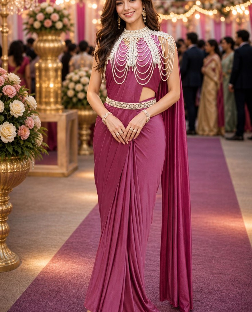 PINK - Wine Pink Designer Ready to Wear Saree with Pearl Embellished Cape Blouse
