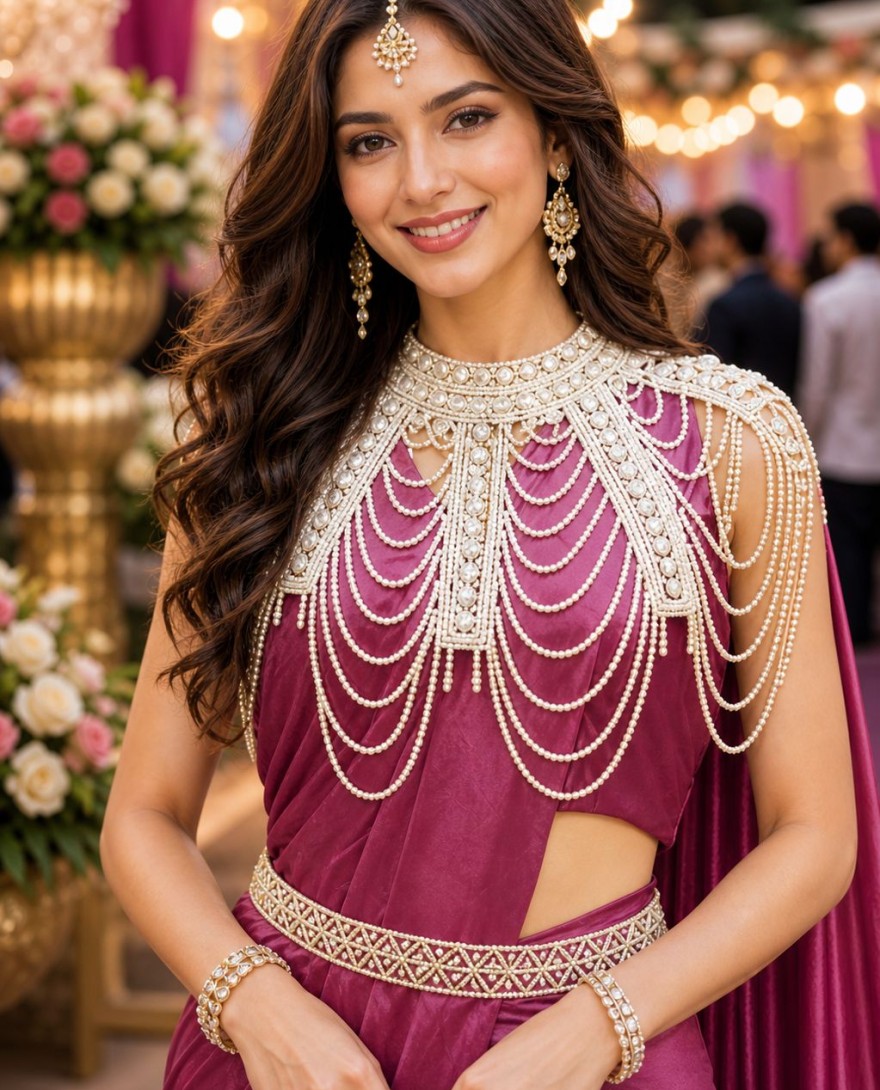 PINK - Wine Pink Designer Ready to Wear Saree with Pearl Embellished Cape Blouse