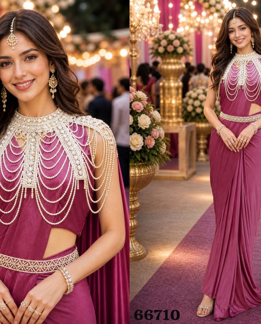 PINK - Wine Pink Designer Ready to Wear Saree with Pearl Embellished Cape Blouse