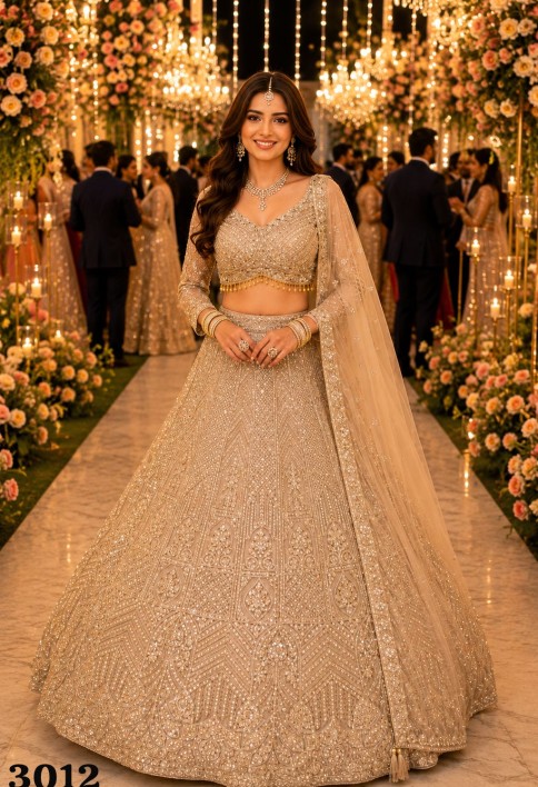 Jazzy Beige Net Readymade Lehenga Choli with Beads, Embroidered, Resham and Zari Work
