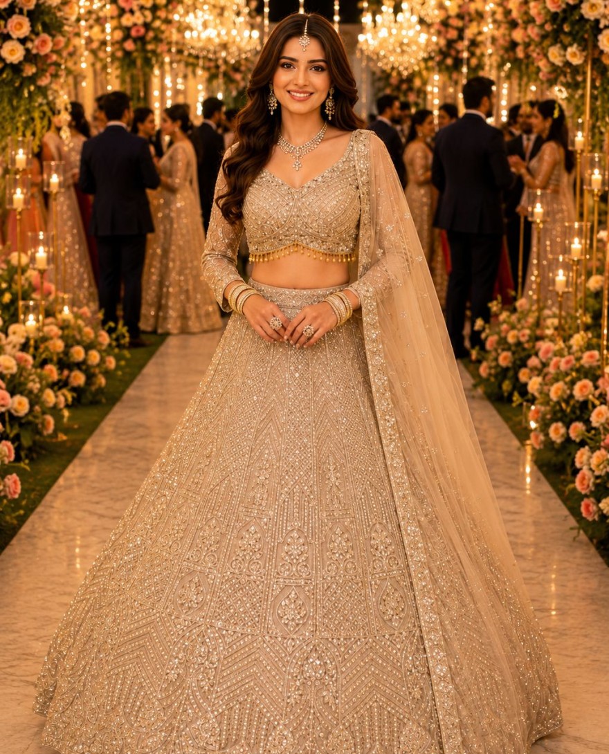 BEIGE - Jazzy Beige Net Readymade Lehenga Choli with Beads, Embroidered, Resham and Zari Work