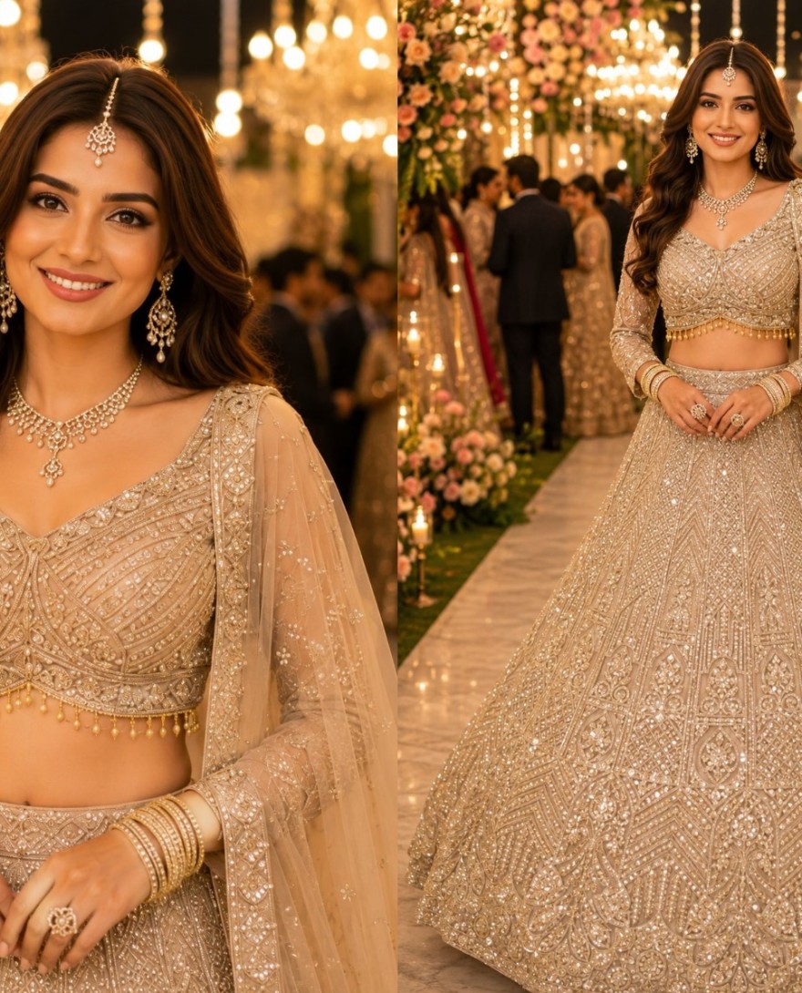 BEIGE - Jazzy Beige Net Readymade Lehenga Choli with Beads, Embroidered, Resham and Zari Work