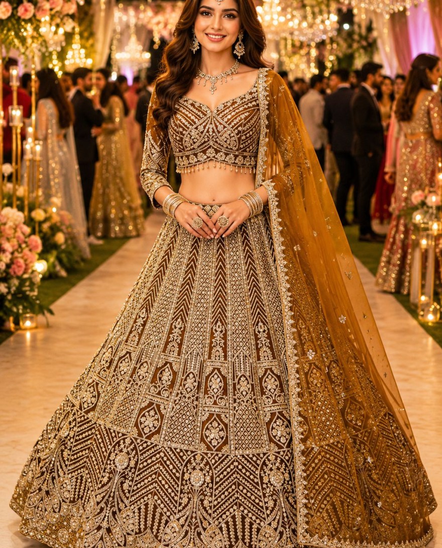 GOLDEN - Gold Net Readymade Lehenga Choli with Beads, Embroidered and Zari Work for Ceremonial