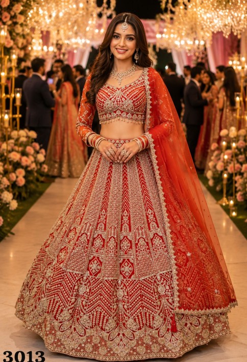 Orange Net Beads, Embroidered, Resham and Zari Work Lehenga Choli for Ceremonial