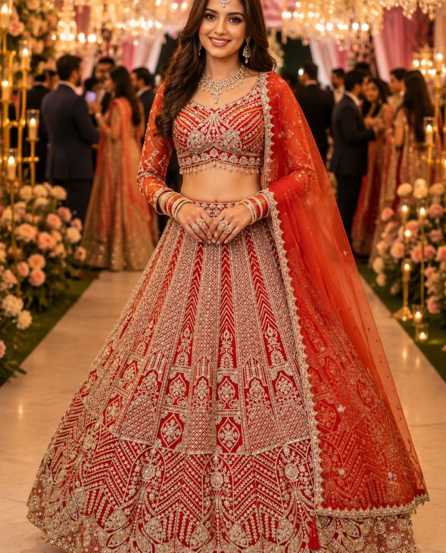 ORANGE - Orange Net Beads, Embroidered, Resham and Zari Work Lehenga Choli for Ceremonial