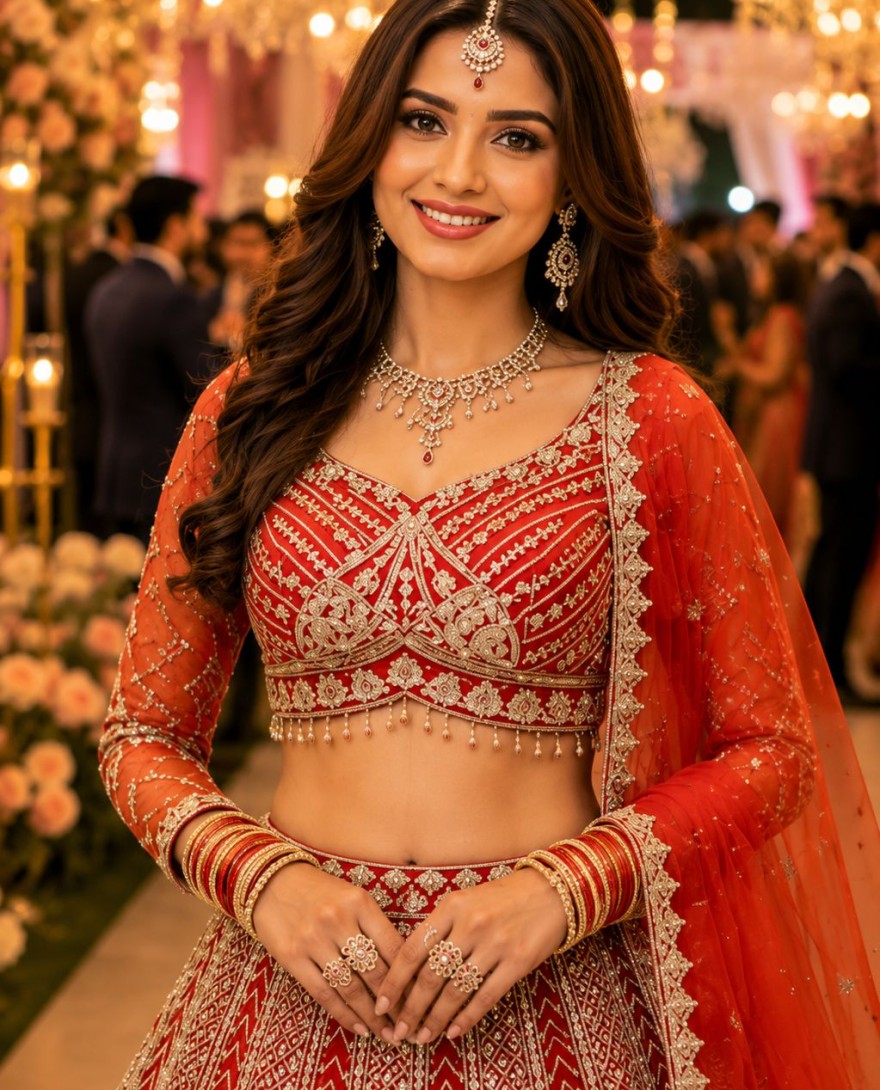 ORANGE - Orange Net Beads, Embroidered, Resham and Zari Work Lehenga Choli for Ceremonial