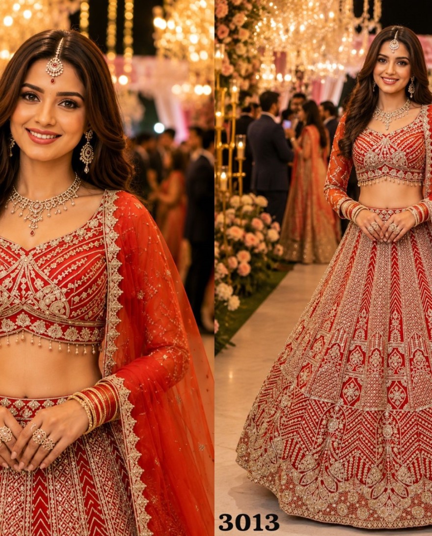 ORANGE - Orange Net Beads, Embroidered, Resham and Zari Work Lehenga Choli for Ceremonial