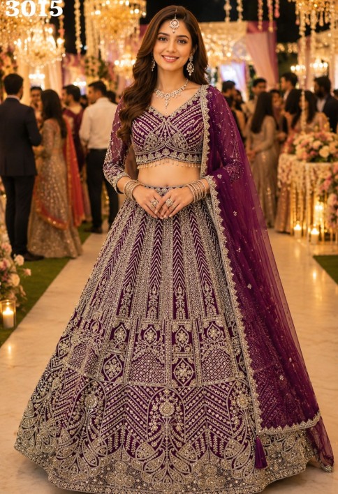 Beads, Embroidered and Zari Work Net Lehenga Choli In Purple Colour