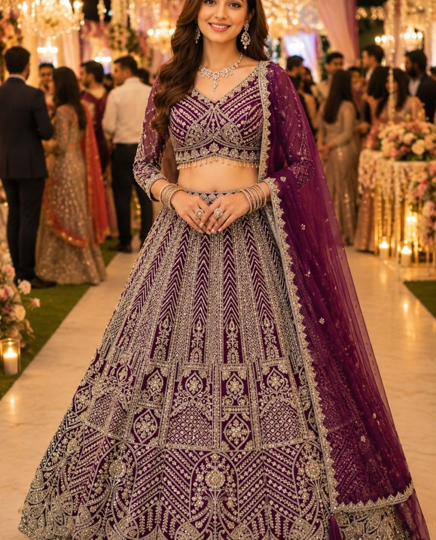 PURPLE - Beads, Embroidered and Zari Work Net Lehenga Choli In Purple Colour