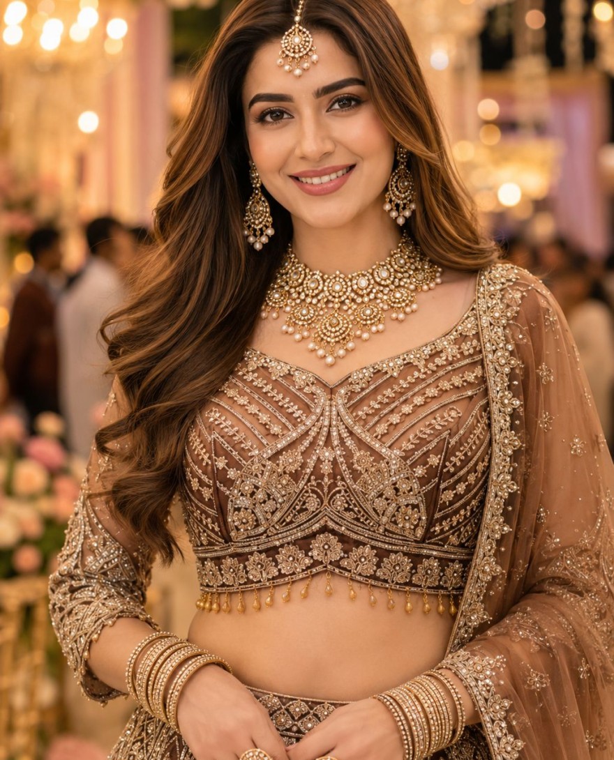 BROWN - Brown Net Beads, Embroidered and Zari Work Lehenga Choli for Ceremonial