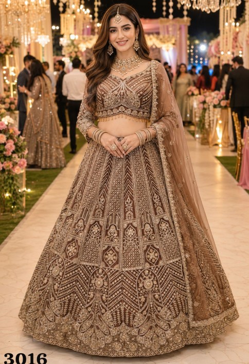 Brown Net Beads, Embroidered and Zari Work Lehenga Choli for Ceremonial