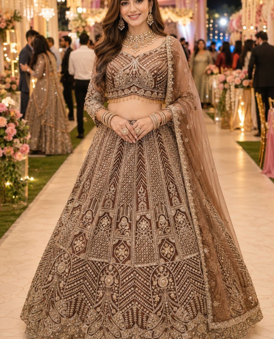 BROWN - Brown Net Beads, Embroidered and Zari Work Lehenga Choli for Ceremonial
