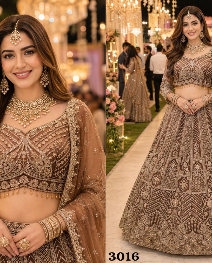 BROWN - Brown Net Beads, Embroidered and Zari Work Lehenga Choli for Ceremonial
