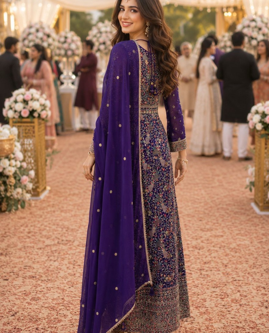 PURPLE - Embroidered Work Georgette Designer Gown In Purple Colour