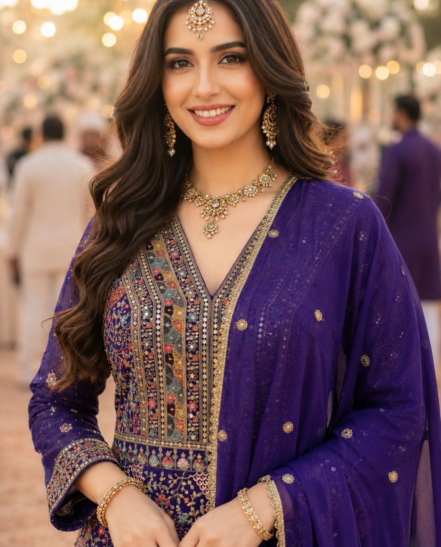 PURPLE - Embroidered Work Georgette Designer Gown In Purple Colour