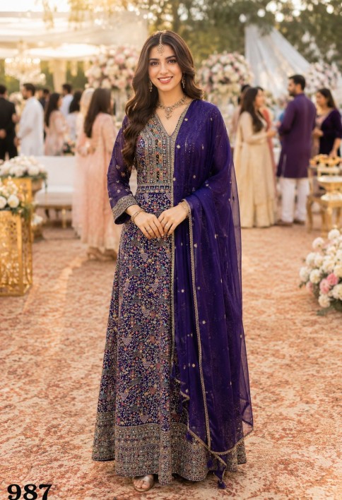Embroidered Work Georgette Designer Gown In Purple Colour