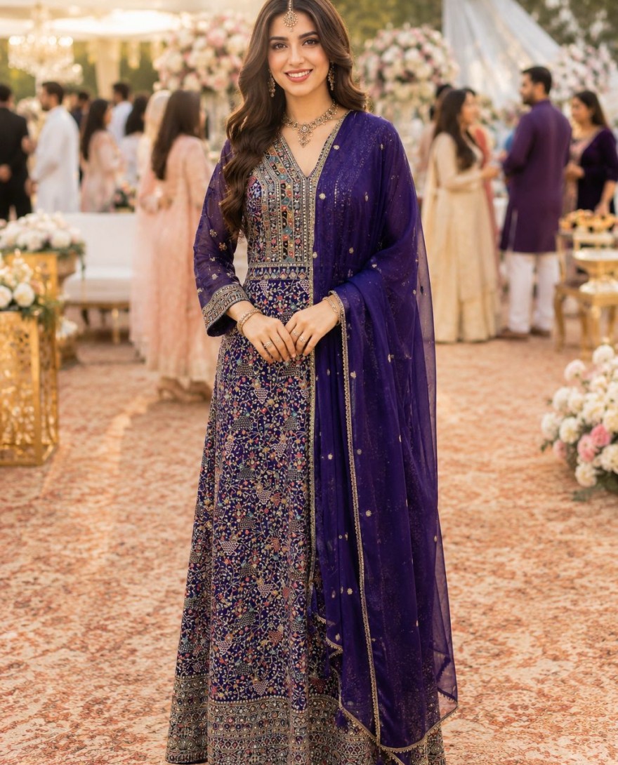 PURPLE - Embroidered Work Georgette Designer Gown In Purple Colour