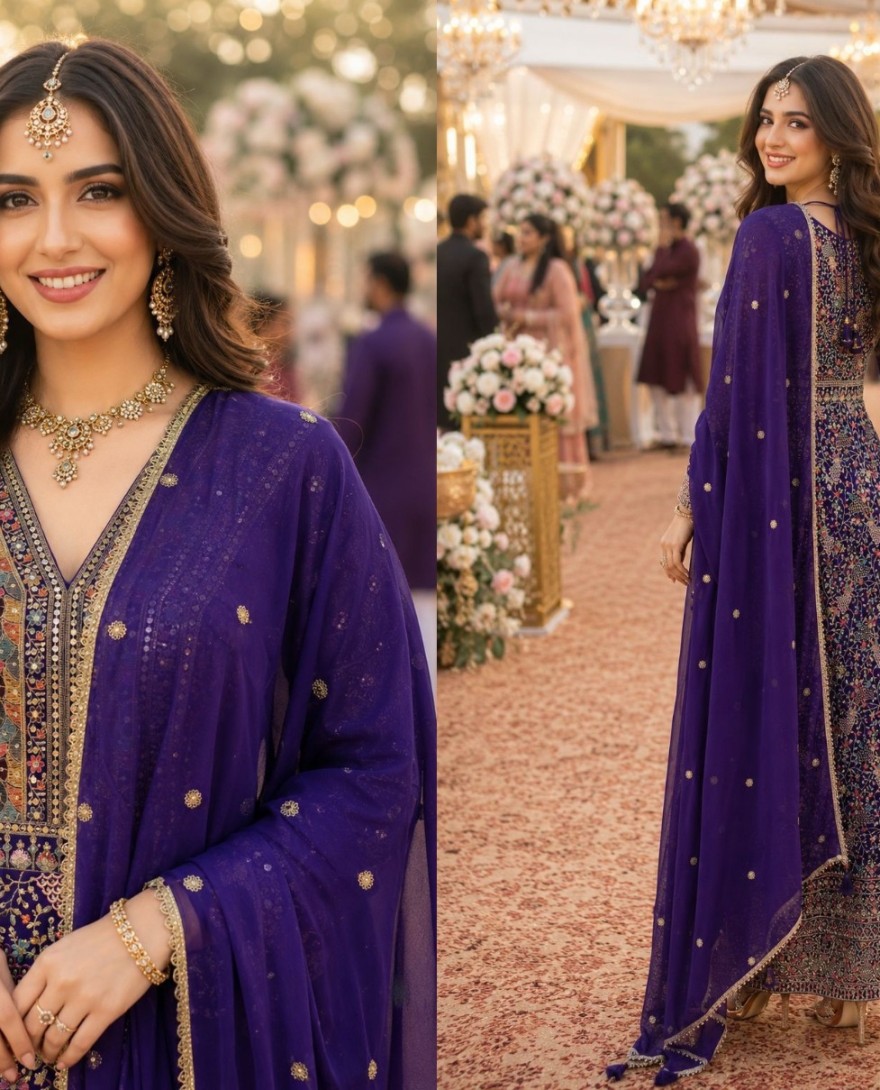 PURPLE - Embroidered Work Georgette Designer Gown In Purple Colour
