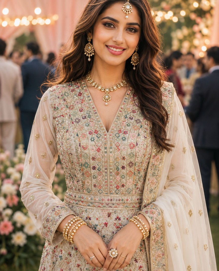 WHITE - Georgette Designer Gown In Cream Colour