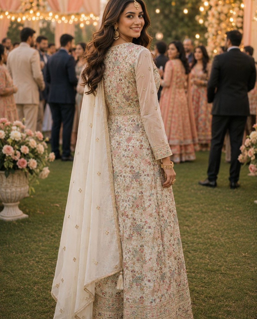 WHITE - Georgette Designer Gown In Cream Colour