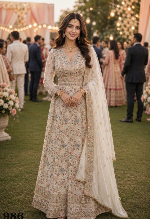 Georgette Designer Gown In Cream Colour
