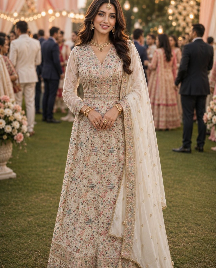 WHITE - Georgette Designer Gown In Cream Colour