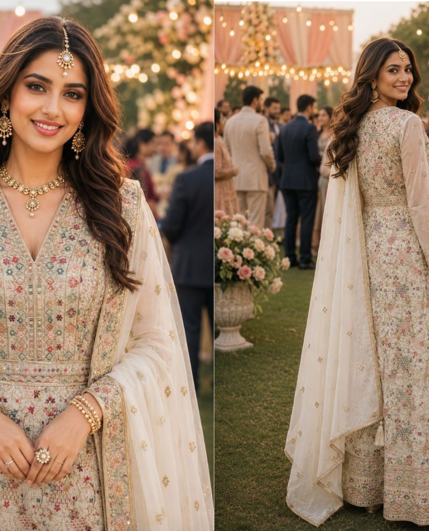 WHITE - Georgette Designer Gown In Cream Colour