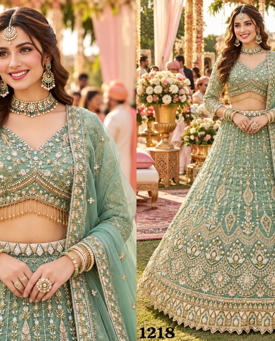 1218 - Green Fancy Fabric Beads, Embroidered and Zari Work Readymade Lehenga Choli