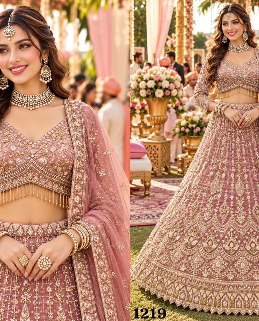 1219 - Pink Fancy Fabric Lehenga Choli with Beads, Embroidered and Zari Work for Engagement