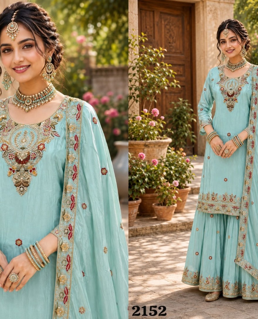 SEAGREEN - Embroidered Work Silk Palazzo Salwar Suit In Sea Green Colour