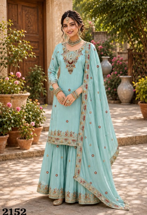 Embroidered Work Silk Palazzo Salwar Suit In Sea Green Colour