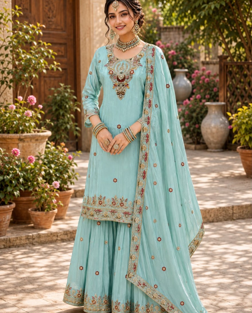 SEAGREEN - Embroidered Work Silk Palazzo Salwar Suit In Sea Green Colour