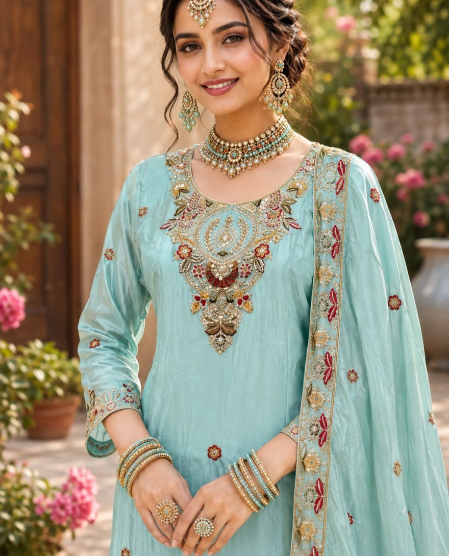 SEAGREEN - Embroidered Work Silk Palazzo Salwar Suit In Sea Green Colour